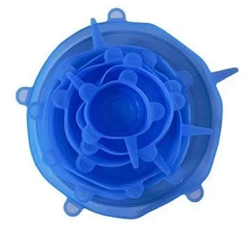 Paquete de 6 tapas elásticas de silicona, color azul, transparente,  lavables y reutilizables, se adapta a